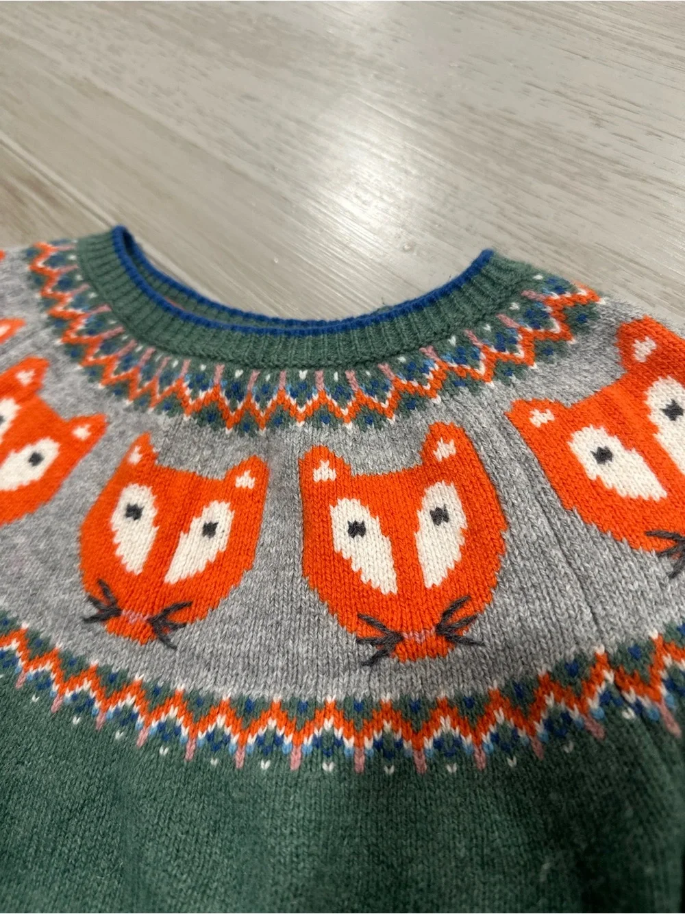 Mini Boden Kids Crew Neck Fair Isle Fox Sweater Green 2-3 Wool Cotton Boy/Girl